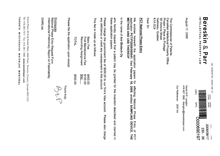 Document de brevet canadien 2556732. Cession 20060817. Image 1 de 3