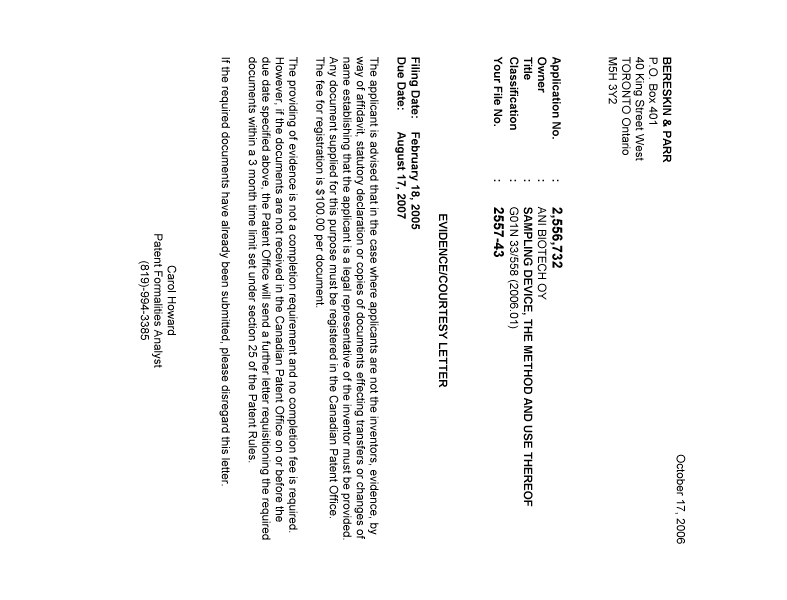 Document de brevet canadien 2556732. Correspondance 20061011. Image 1 de 1