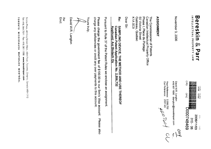 Document de brevet canadien 2556732. Cession 20061103. Image 1 de 2