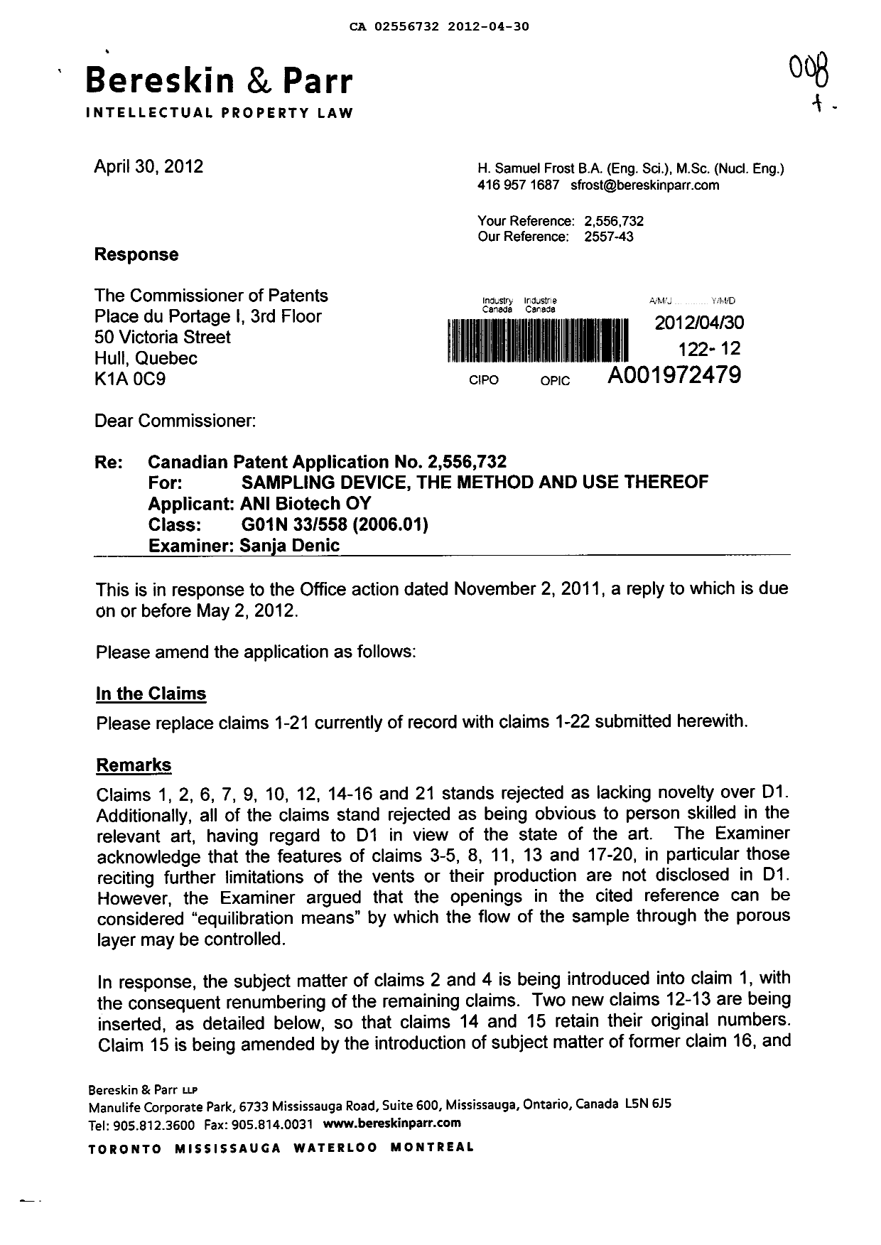Document de brevet canadien 2556732. Poursuite-Amendment 20120430. Image 1 de 7