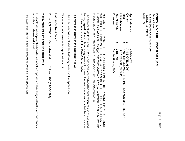 Document de brevet canadien 2556732. Poursuite-Amendment 20120711. Image 1 de 2
