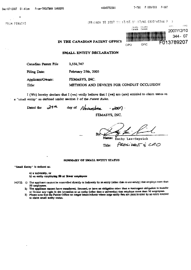 Canadian Patent Document 2556747. Correspondence 20071210. Image 1 of 1