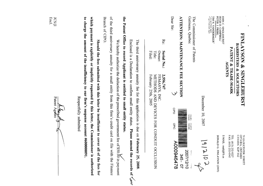 Canadian Patent Document 2556747. Fees 20071210. Image 1 of 1