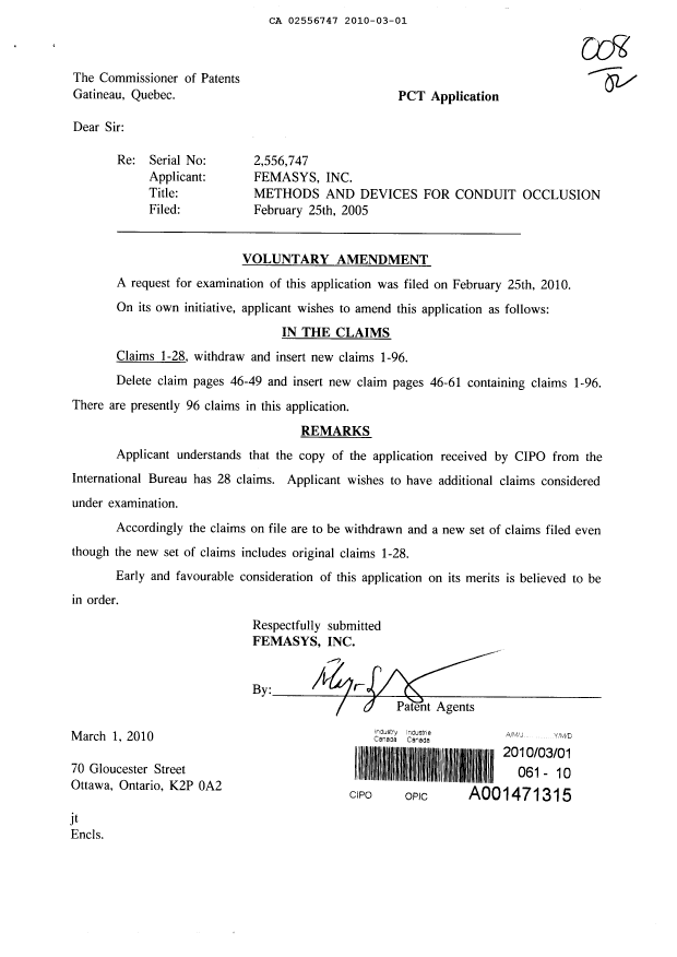 Canadian Patent Document 2556747. Prosecution-Amendment 20100301. Image 1 of 17