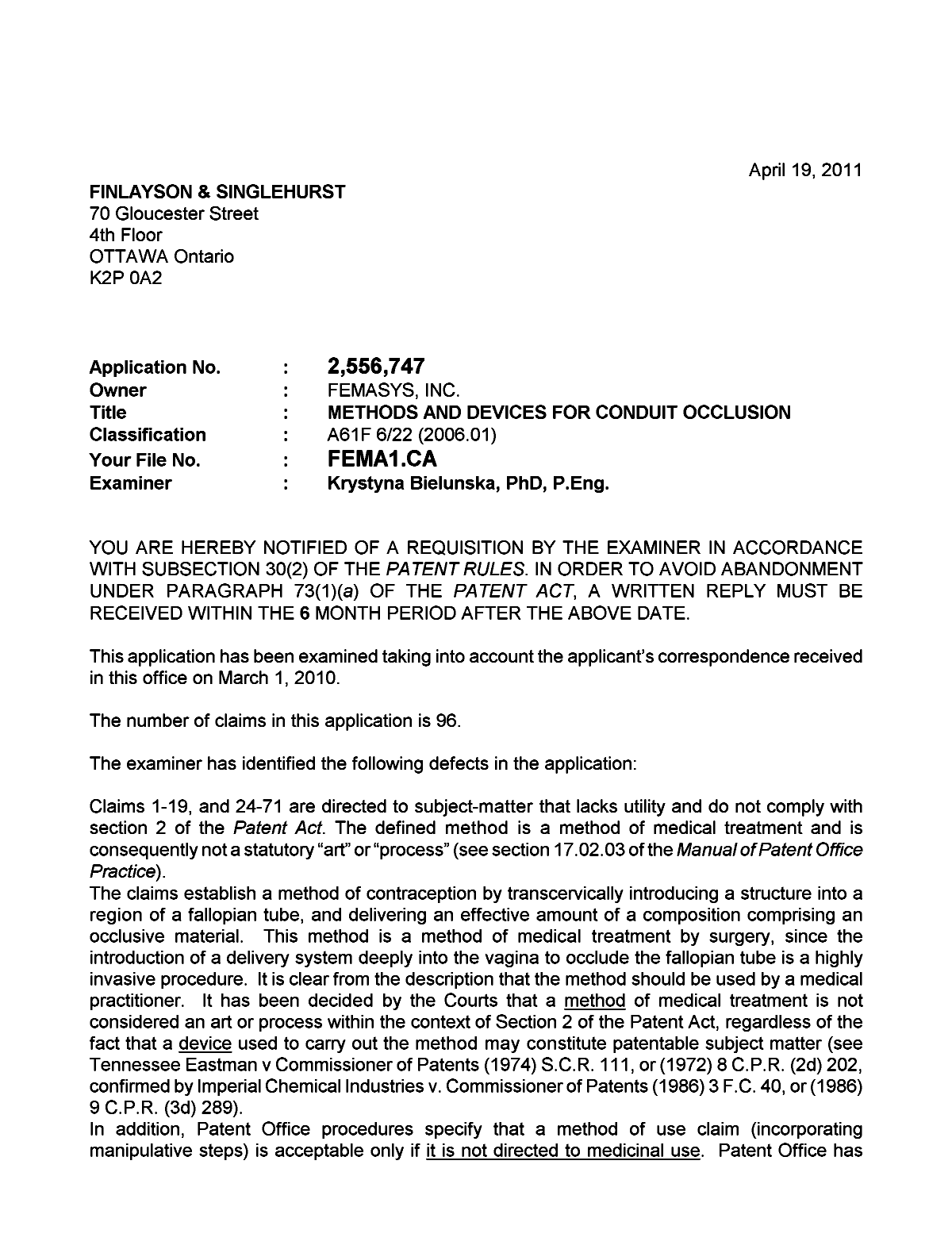 Canadian Patent Document 2556747. Prosecution-Amendment 20110419. Image 1 of 3