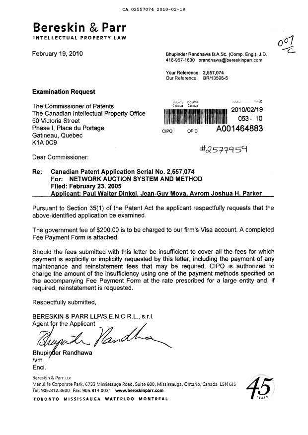 Document de brevet canadien 2557074. Poursuite-Amendment 20100219. Image 1 de 1