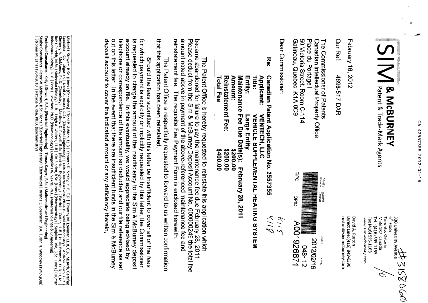 Document de brevet canadien 2557355. Taxes 20120216. Image 1 de 2