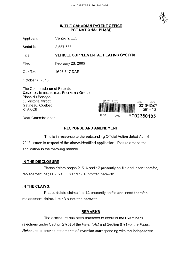 Canadian Patent Document 2557355. Prosecution-Amendment 20131007. Image 1 of 14