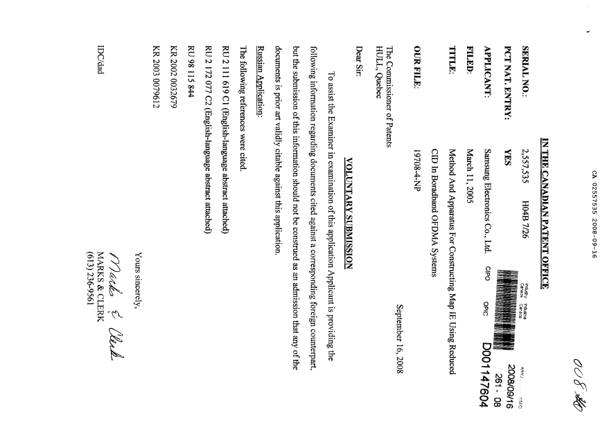 Canadian Patent Document 2557535. Prosecution-Amendment 20080916. Image 1 of 1