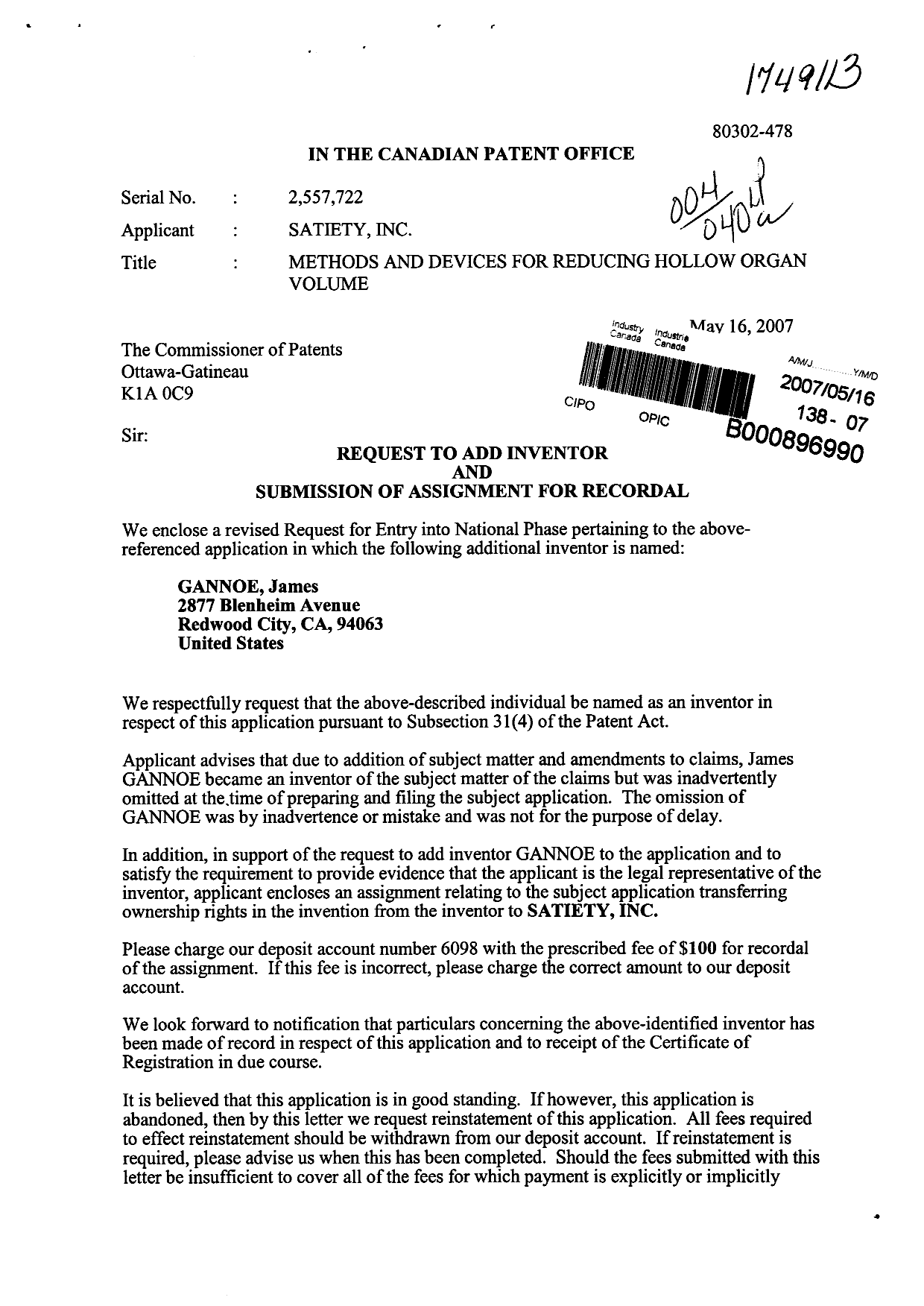 Document de brevet canadien 2557722. Correspondance 20070516. Image 1 de 4