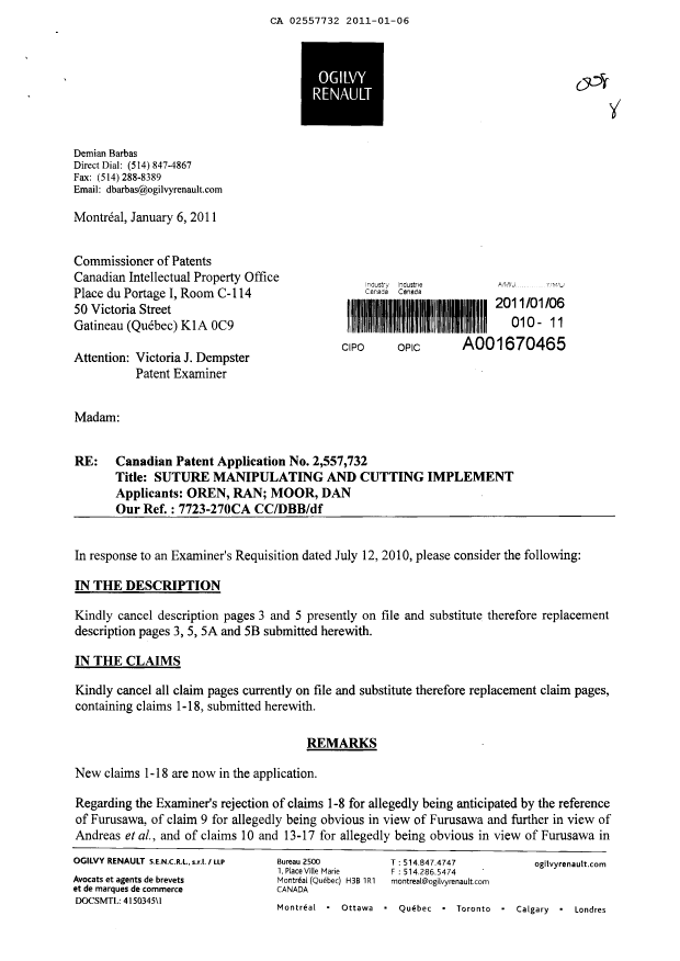 Document de brevet canadien 2557732. Poursuite-Amendment 20110106. Image 1 de 10