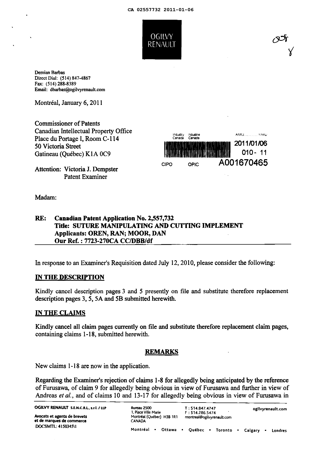 Canadian Patent Document 2557732. Prosecution-Amendment 20110106. Image 1 of 10