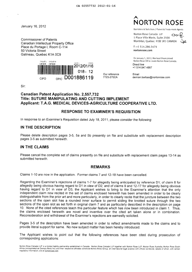 Canadian Patent Document 2557732. Prosecution-Amendment 20120116. Image 1 of 7
