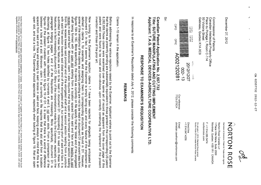 Canadian Patent Document 2557732. Prosecution-Amendment 20121227. Image 1 of 3