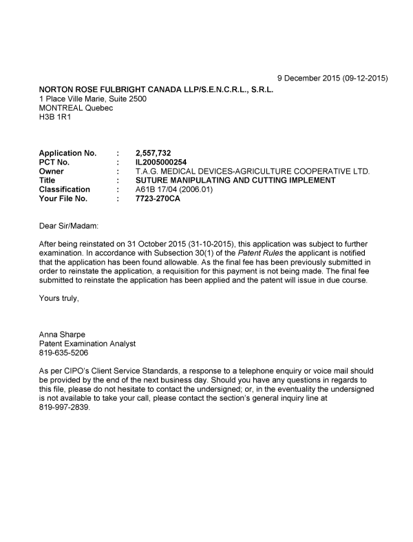 Canadian Patent Document 2557732. Correspondence 20151209. Image 1 of 1