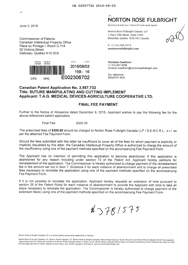 Document de brevet canadien 2557732. Taxe finale 20160603. Image 1 de 2