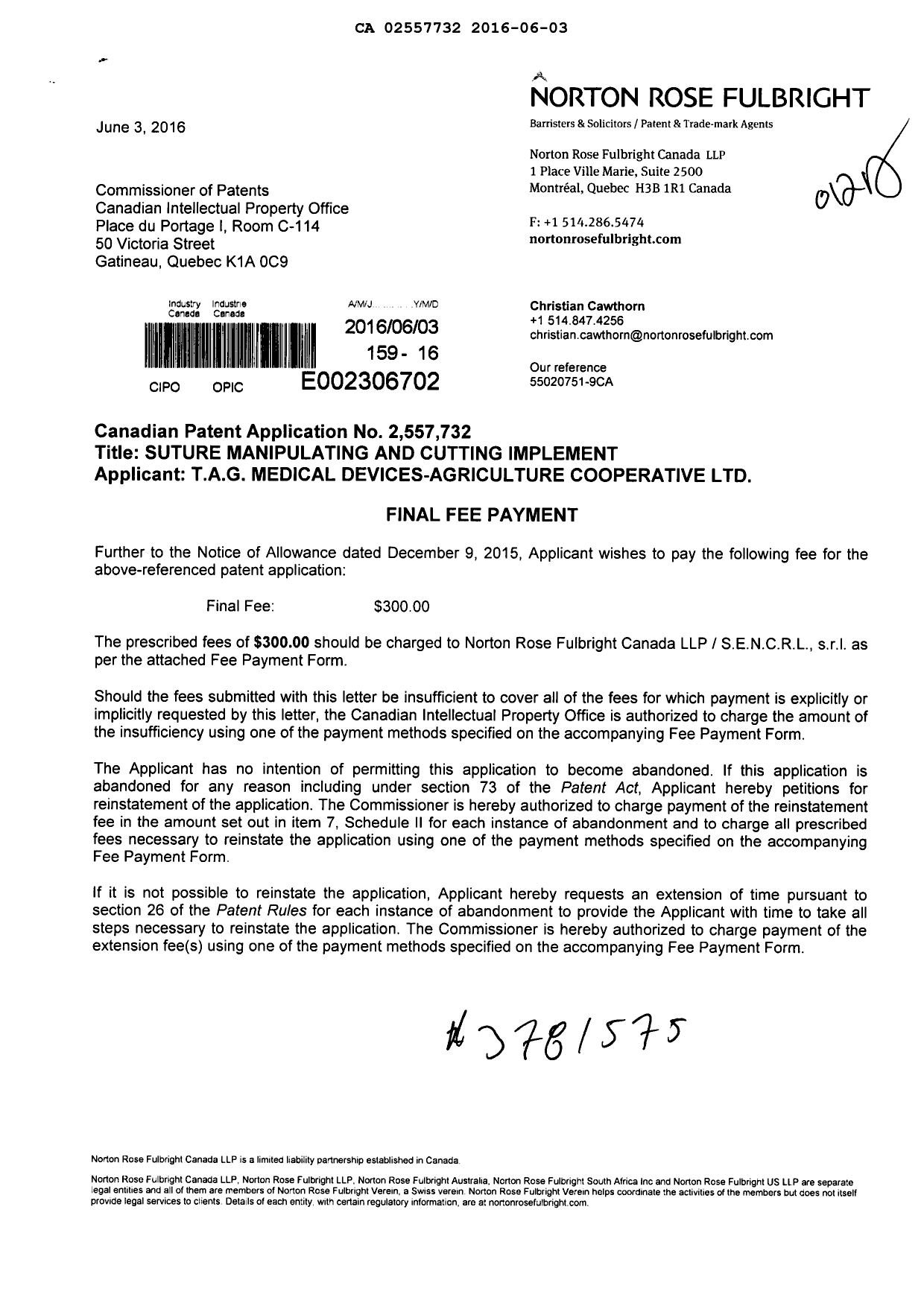 Canadian Patent Document 2557732. Final Fee 20160603. Image 1 of 2
