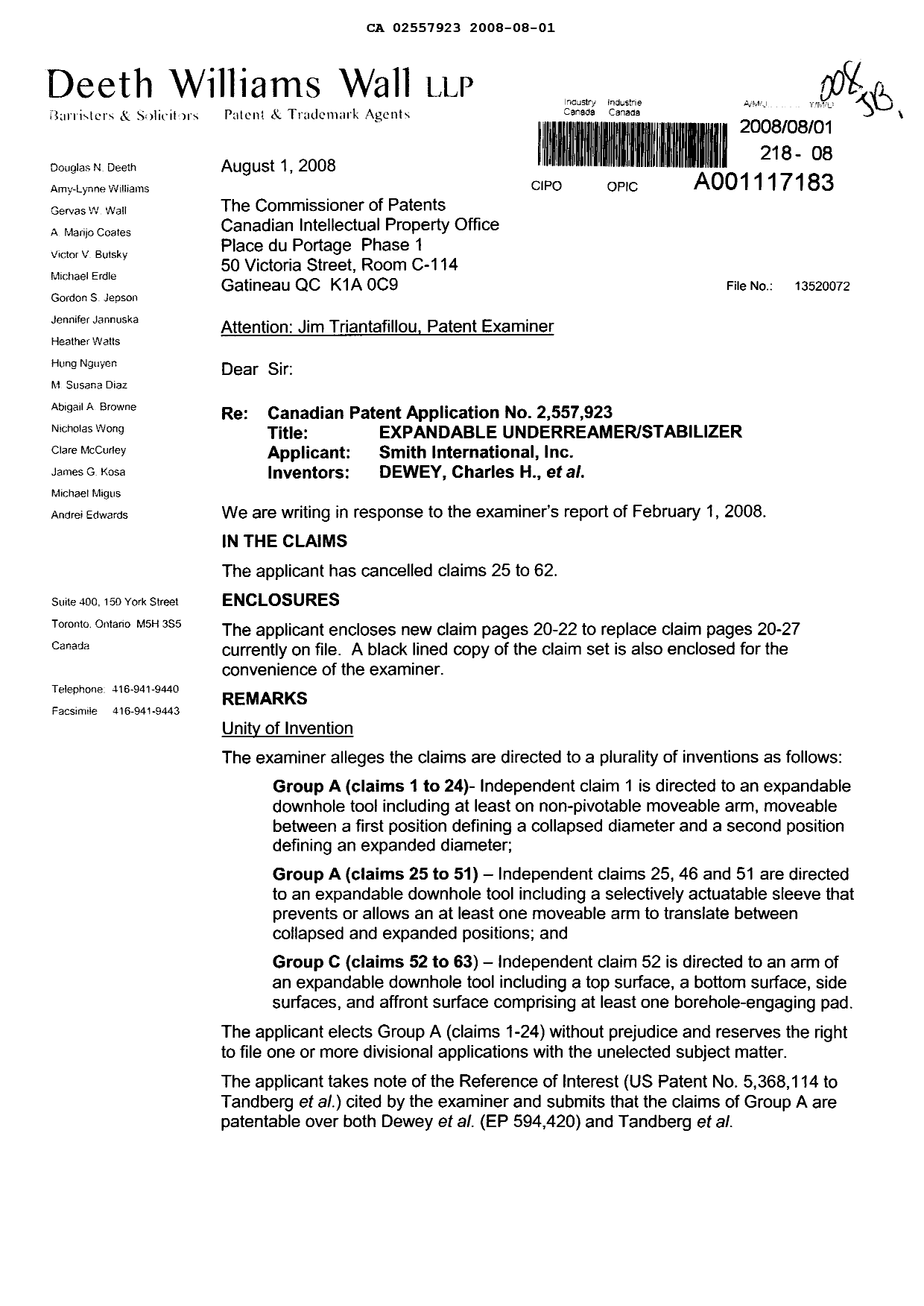 Document de brevet canadien 2557923. Poursuite-Amendment 20080801. Image 1 de 13