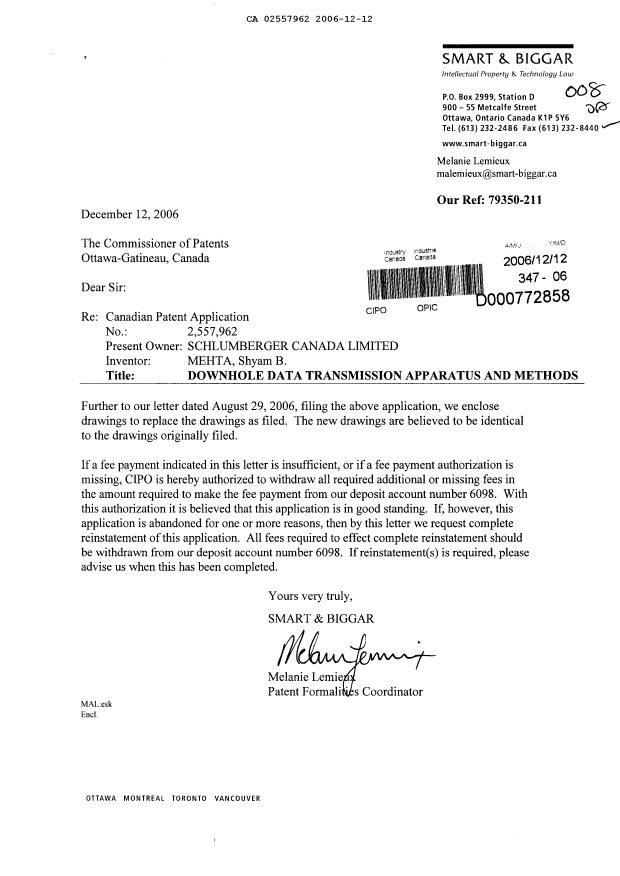 Document de brevet canadien 2557962. Poursuite-Amendment 20061212. Image 1 de 5