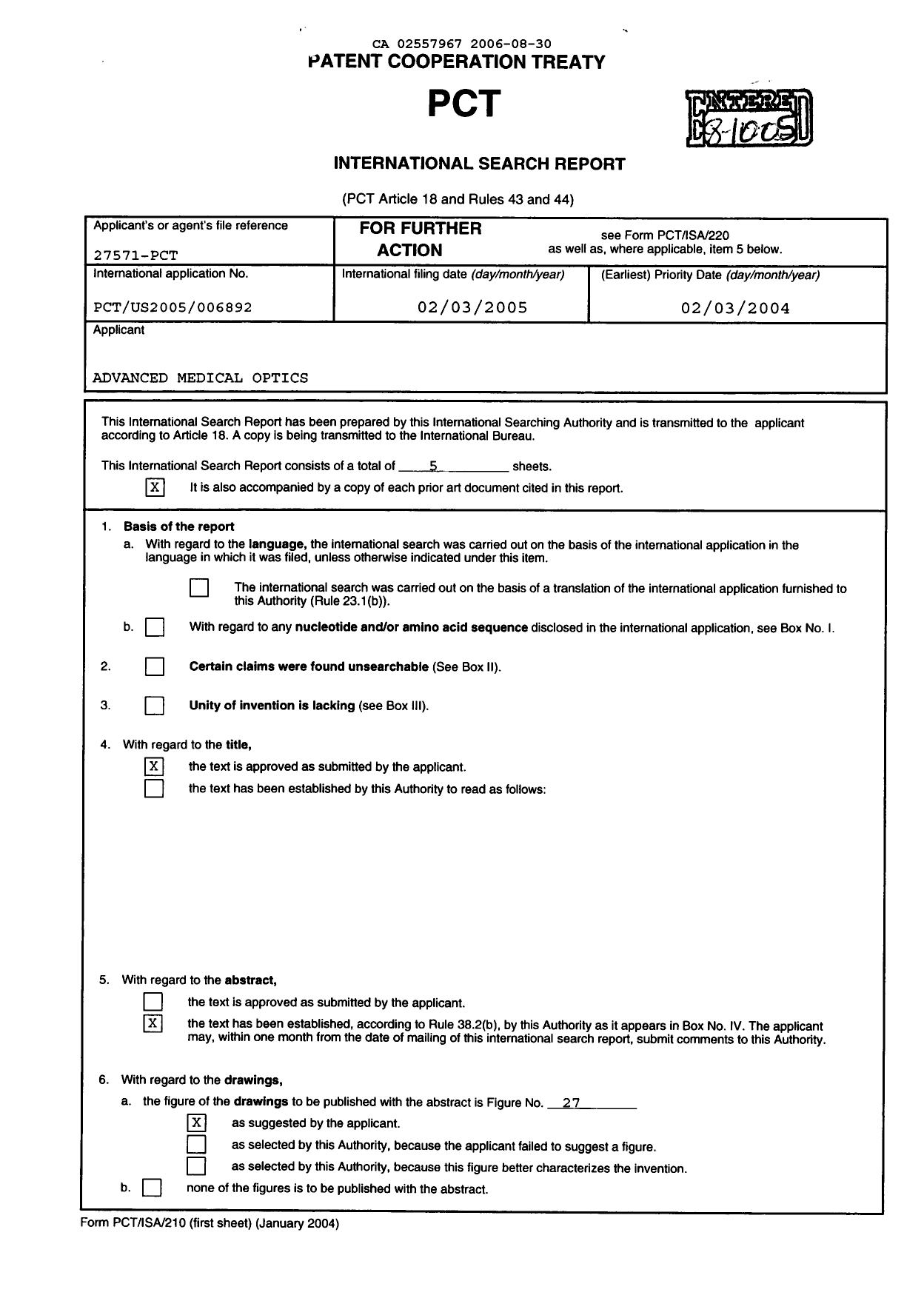 Document de brevet canadien 2557967. PCT 20060830. Image 1 de 8