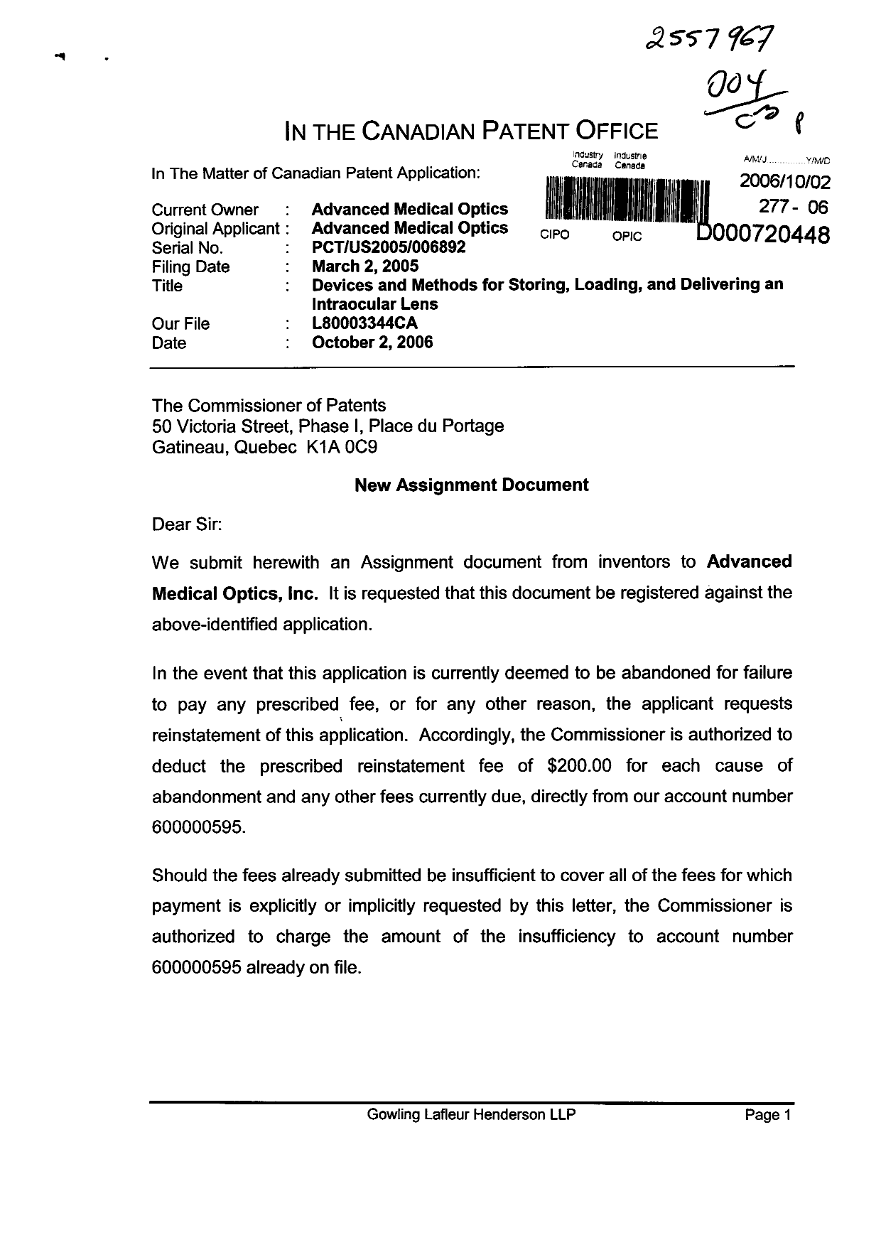 Document de brevet canadien 2557967. Cession 20061002. Image 1 de 5