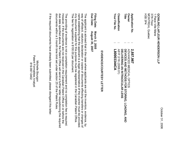 Document de brevet canadien 2557967. Correspondance 20061024. Image 1 de 1