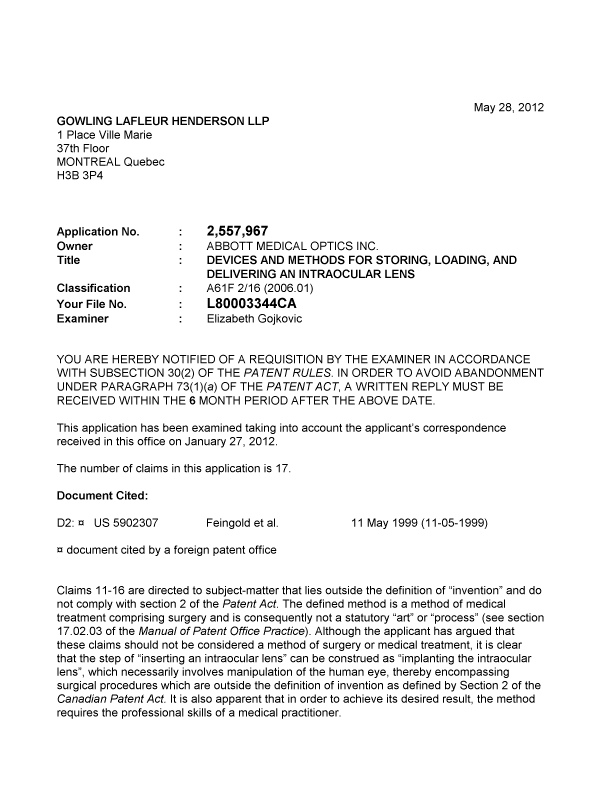 Canadian Patent Document 2557967. Prosecution-Amendment 20120528. Image 1 of 3