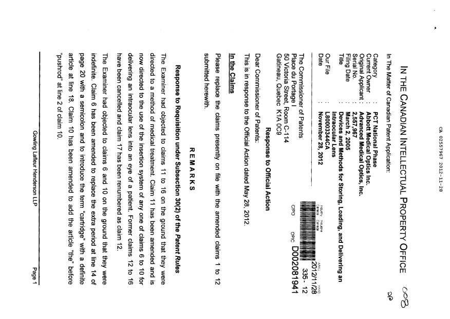 Document de brevet canadien 2557967. Poursuite-Amendment 20121128. Image 1 de 6