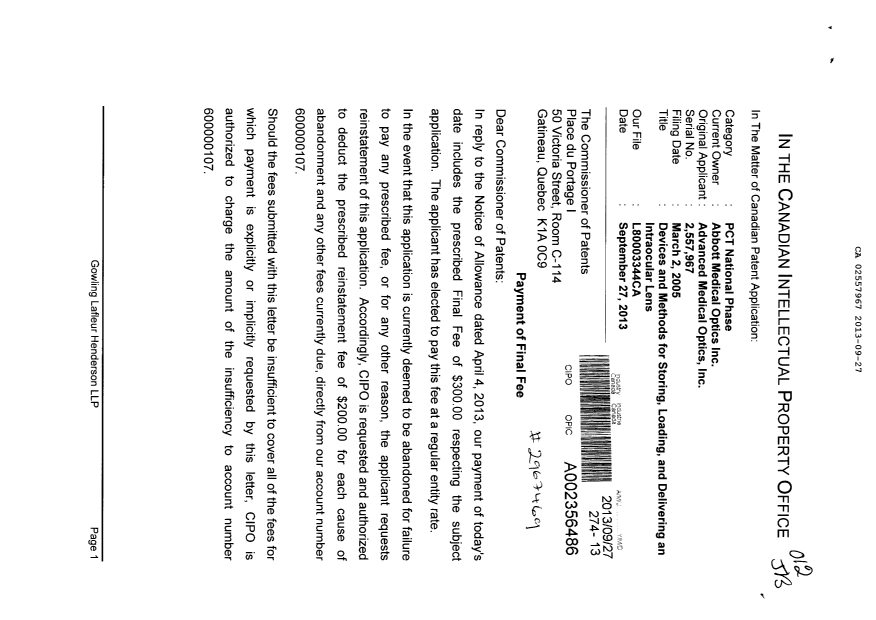 Document de brevet canadien 2557967. Correspondance 20130927. Image 1 de 2
