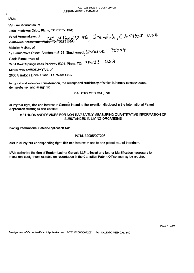 Document de brevet canadien 2558239. Cession 20060915. Image 2 de 5