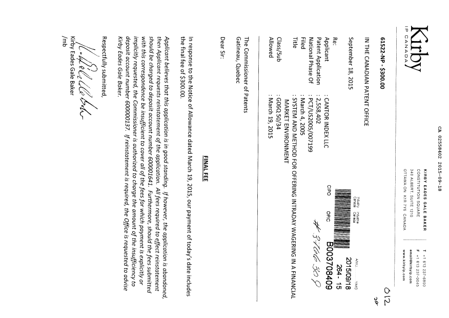 Document de brevet canadien 2558402. Taxe finale 20150918. Image 1 de 1