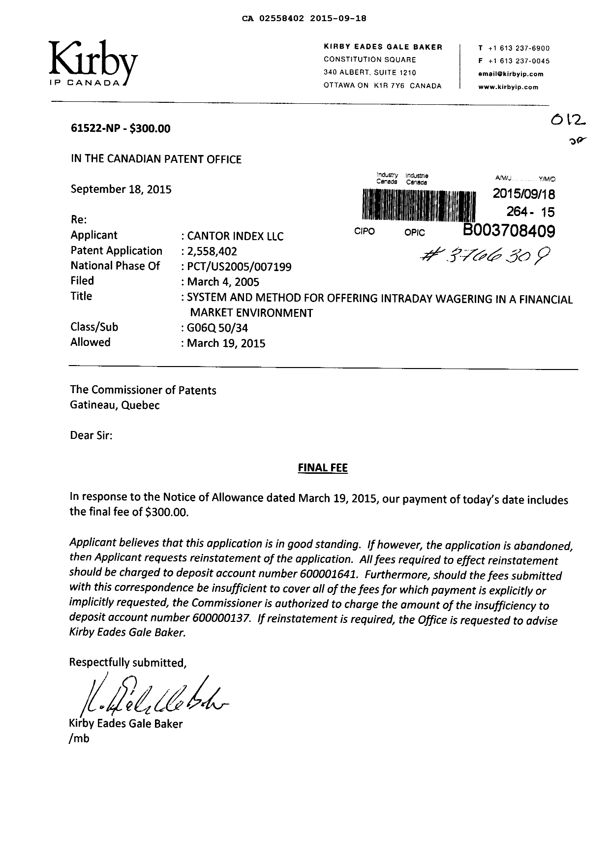 Document de brevet canadien 2558402. Taxe finale 20150918. Image 1 de 1