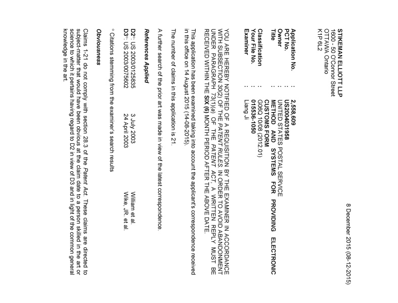 Document de brevet canadien 2558609. Demande d'examen 20151208. Image 1 de 4