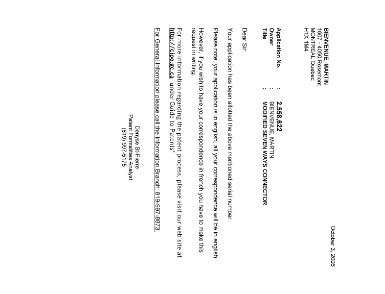 Document de brevet canadien 2558622. Correspondance 20051203. Image 1 de 1