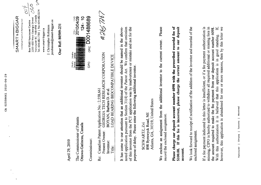 Canadian Patent Document 2558661. Assignment 20091229. Image 1 of 4