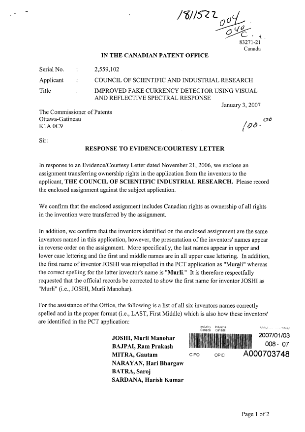 Document de brevet canadien 2559102. Correspondance 20070103. Image 1 de 2