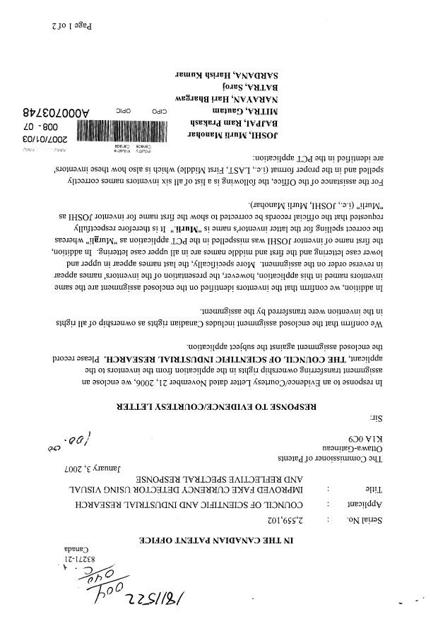 Canadian Patent Document 2559102. Correspondence 20070103. Image 1 of 2
