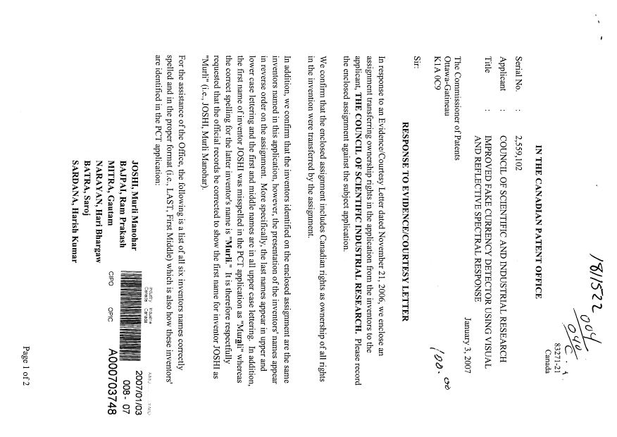 Document de brevet canadien 2559102. Correspondance 20070103. Image 1 de 2