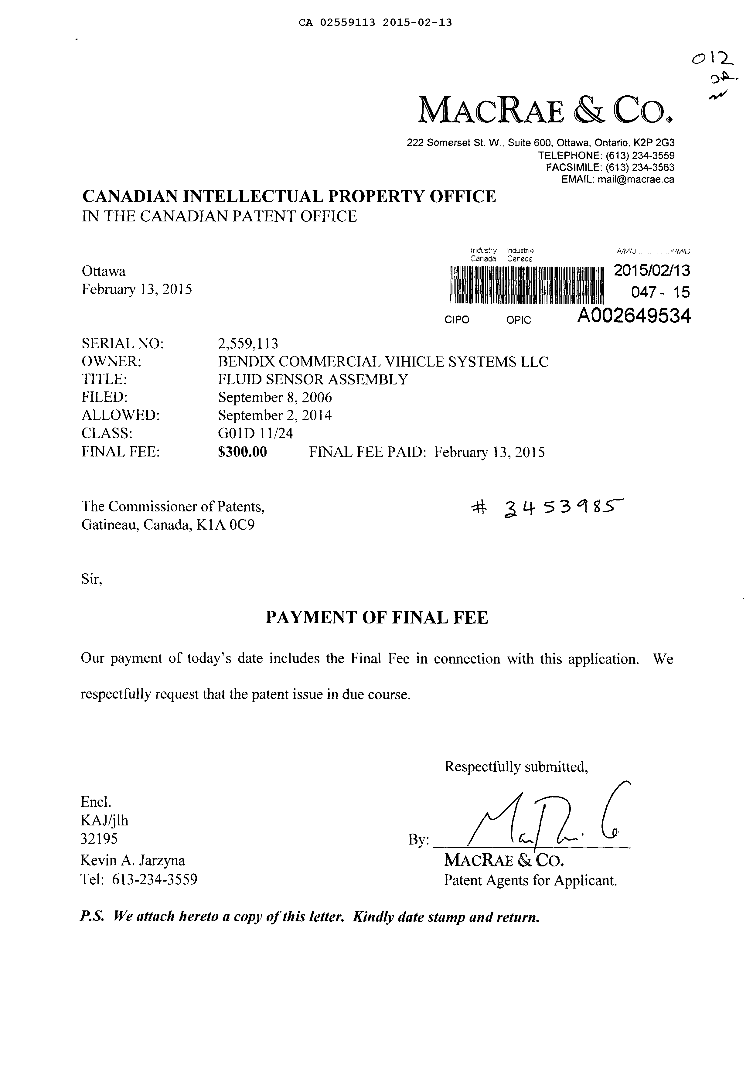 Canadian Patent Document 2559113. Correspondence 20150213. Image 1 of 1