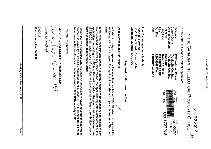 Document de brevet canadien 2559185. Taxes 20110222. Image 1 de 1