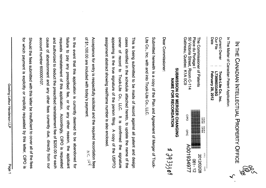 Document de brevet canadien 2559185. Cession 20120228. Image 1 de 8
