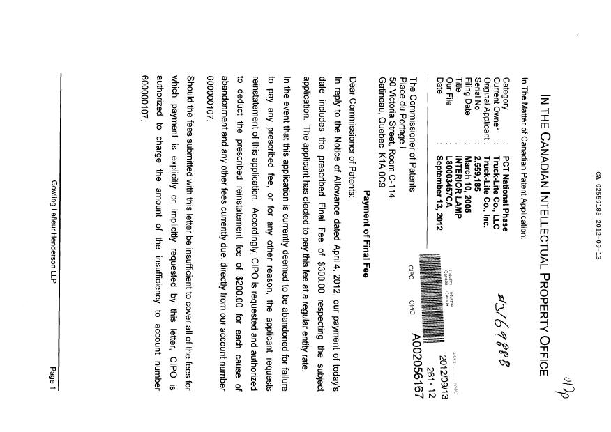Canadian Patent Document 2559185. Correspondence 20120913. Image 1 of 2