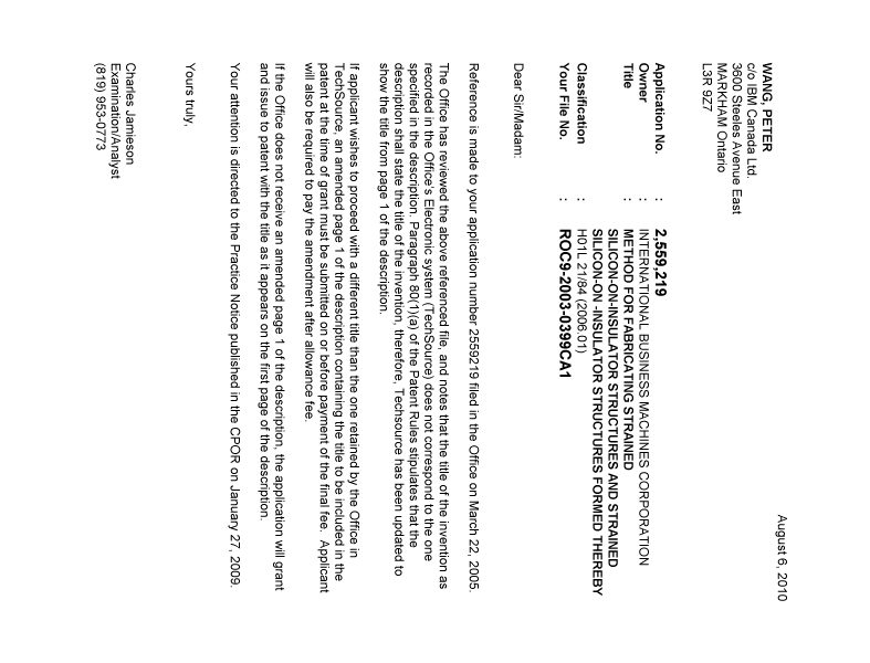 Document de brevet canadien 2559219. Correspondance 20100806. Image 1 de 1