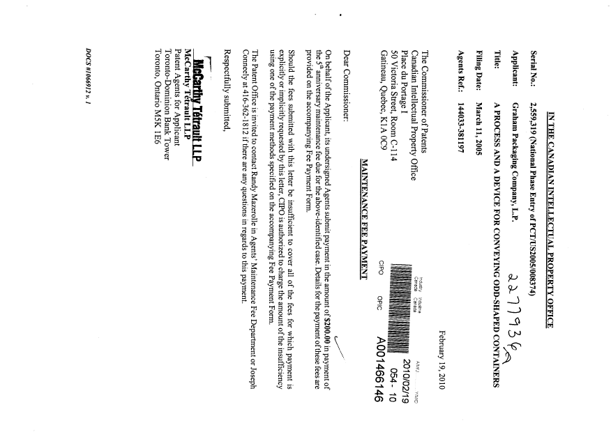 Document de brevet canadien 2559319. Taxes 20100219. Image 1 de 1