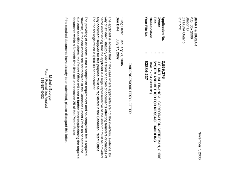 Document de brevet canadien 2559376. Correspondance 20061030. Image 1 de 1