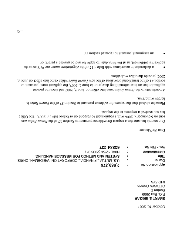 Document de brevet canadien 2559376. Correspondance 20071010. Image 1 de 2