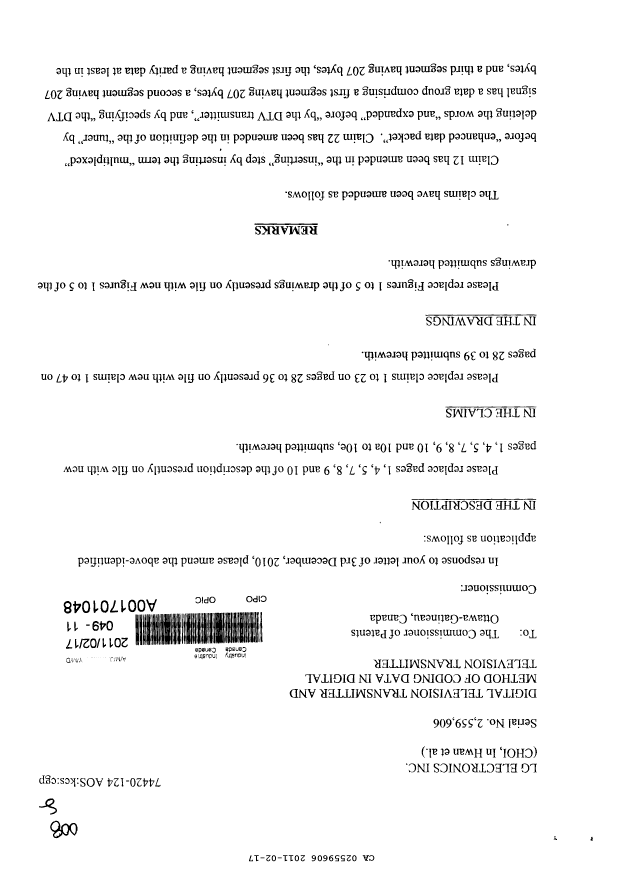 Canadian Patent Document 2559606. Prosecution-Amendment 20110217. Image 1 of 33