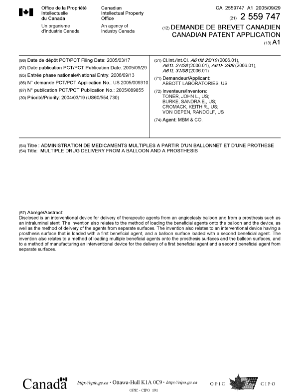 Document de brevet canadien 2559747. Page couverture 20061110. Image 1 de 1