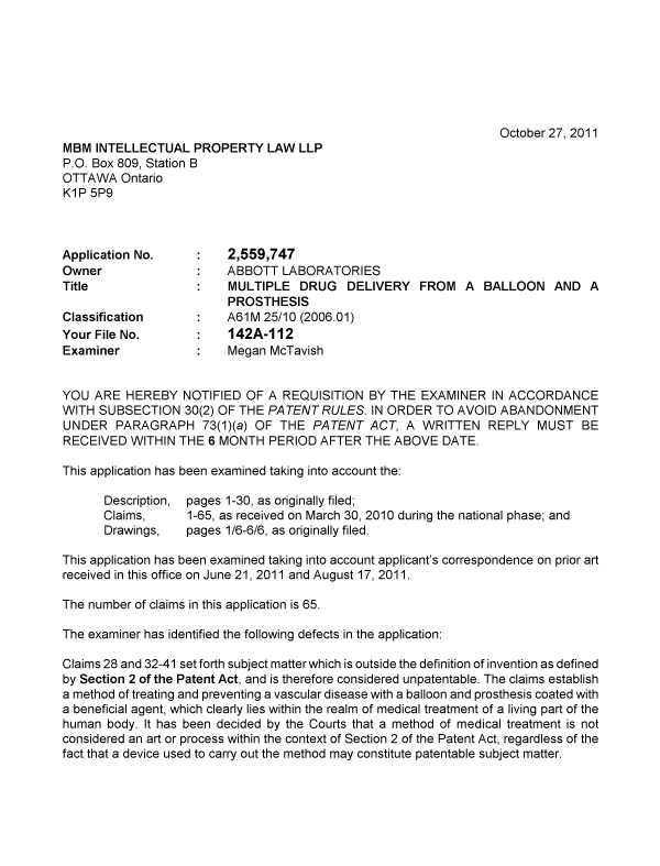 Canadian Patent Document 2559747. Prosecution-Amendment 20111027. Image 1 of 4