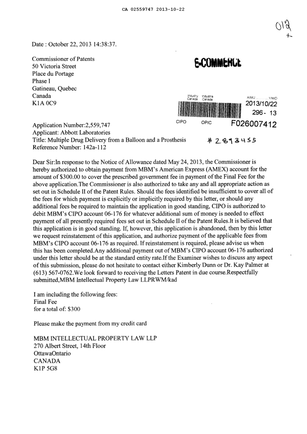 Document de brevet canadien 2559747. Correspondance 20131022. Image 1 de 2